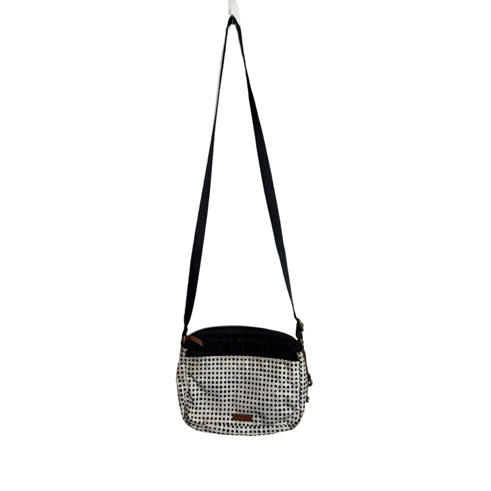 Fossil Polka‎ Dot Crossbody Bag Black Cream Canvas Fabric Key Charm Retro